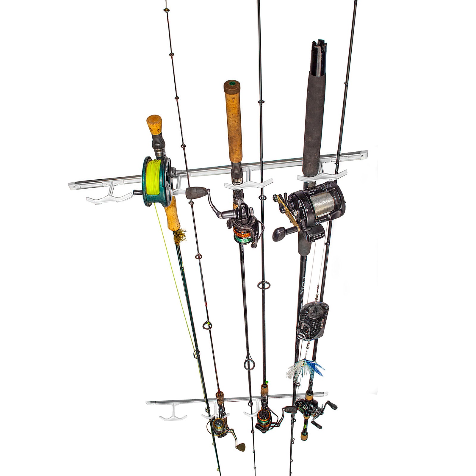 Fishing pole holder, holds poles against the ceiling out of the